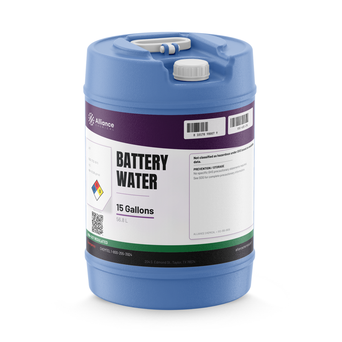 Technical grade deionized battery water in a 15-gallon blue plastic carboy from Alliance Chemical for industrial battery maintenance