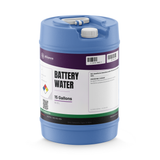 Technical grade deionized battery water in a 15-gallon blue plastic carboy from Alliance Chemical for industrial battery maintenance