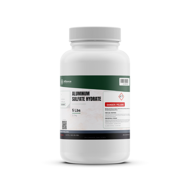 Aluminum Sulfate Hydrate ACS Reagent Grade in a 5 lb white plastic bottle from Alliance Chemical