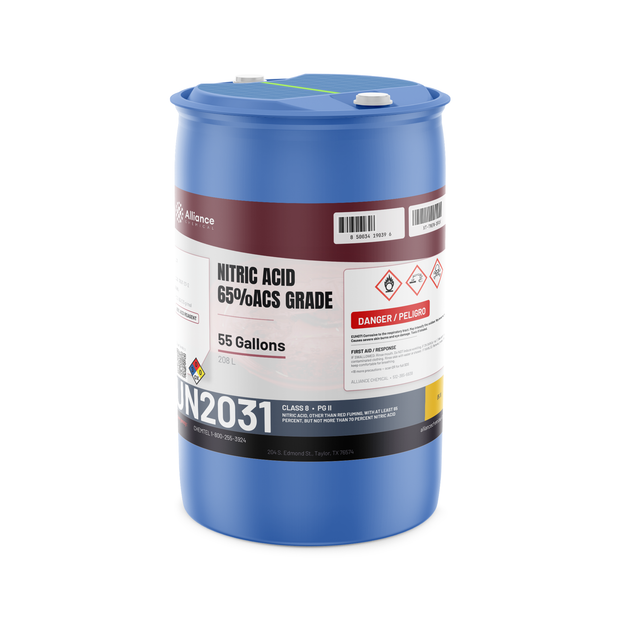 Nitric Acid 65% ACS Grade in a 55-gallon blue plastic drum from Alliance Chemical