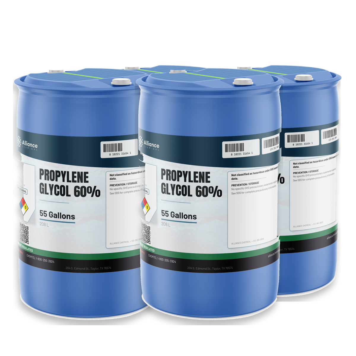 Propylene Glycol 60% Technical Grade four 55-gallon blue drums for industrial HVAC maintenance, Alliance Chemical