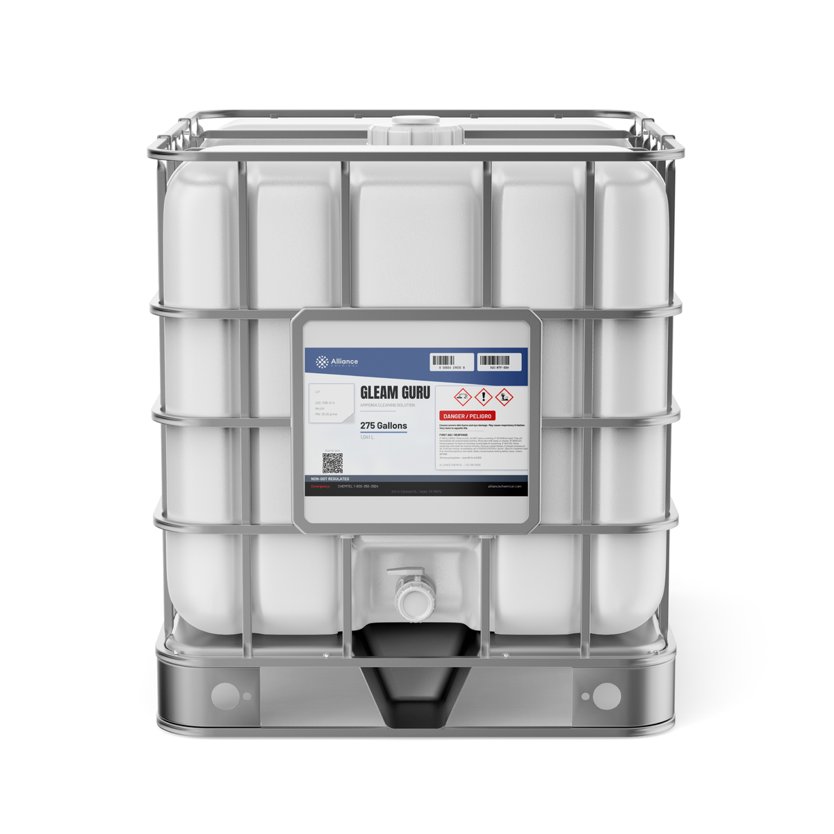 Ammonium hydroxide 10% technical grade in a 275-gallon IBC tote, Alliance Chemical