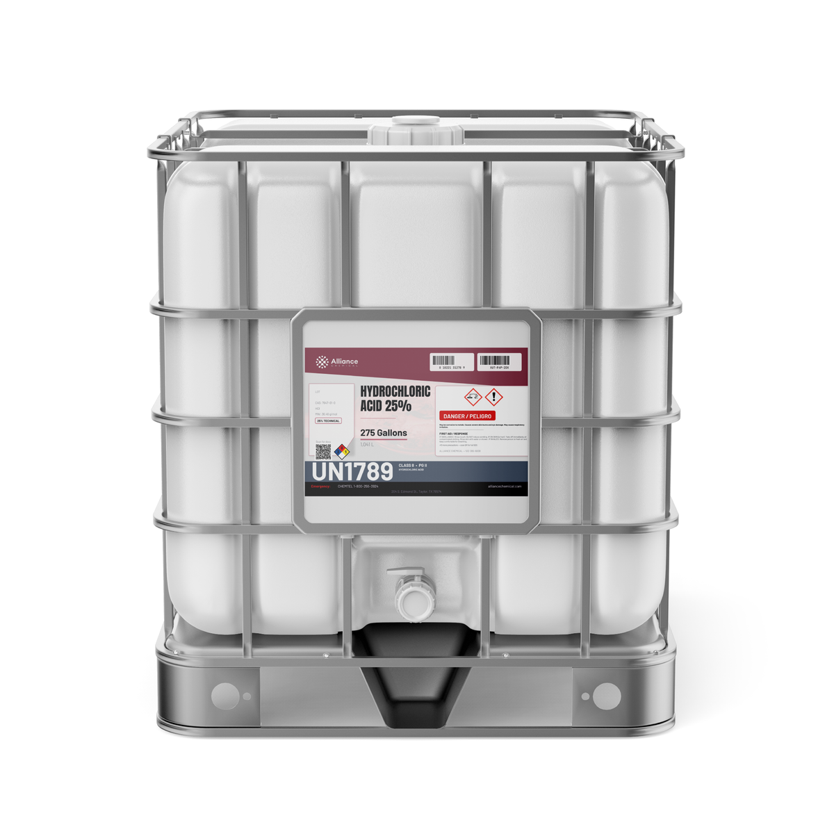 Hydrochloric Acid 25% Technical Grade in a 275-gallon IBC tote from Alliance Chemical