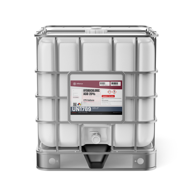 Hydrochloric Acid 25% Technical Grade in a 275-gallon IBC tote from Alliance Chemical