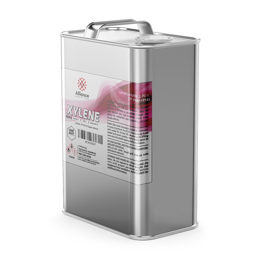 1-quart metal canister of industrial xylene solvent with hazard pictograms, Alliance Chemical branding, and safety information label in pink gradient.