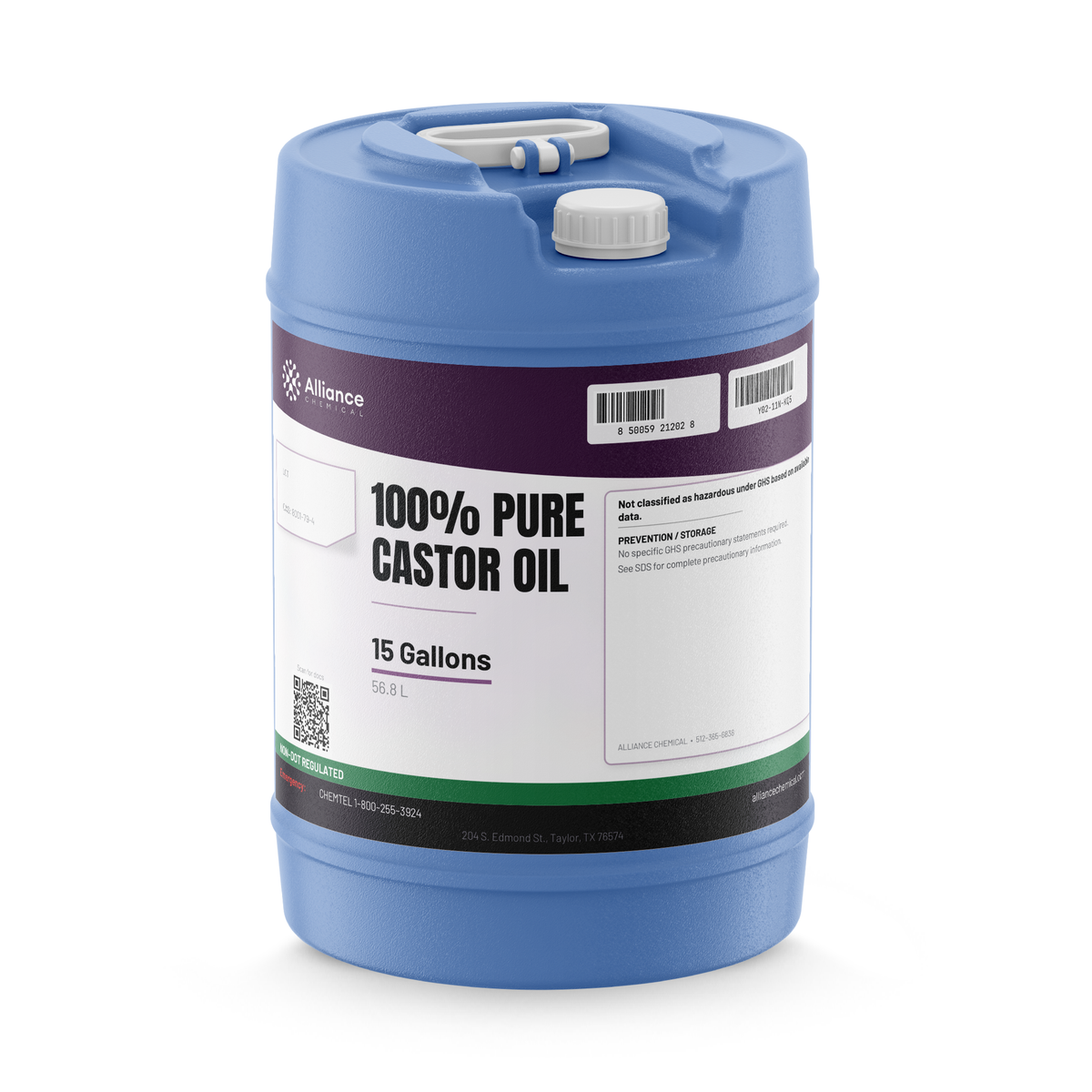 100% pure castor oil in a blue 15-gallon plastic carboy with top handle and white cap, Alliance Chemical