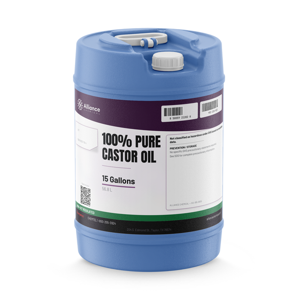 100% pure castor oil in a blue 15-gallon plastic carboy with top handle and white cap, Alliance Chemical