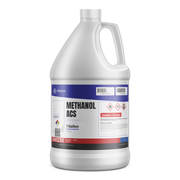 Methanol 99.8% ACS Reagent Grade 1-gallon plastic jug, Alliance Chemical for laboratory analysis
