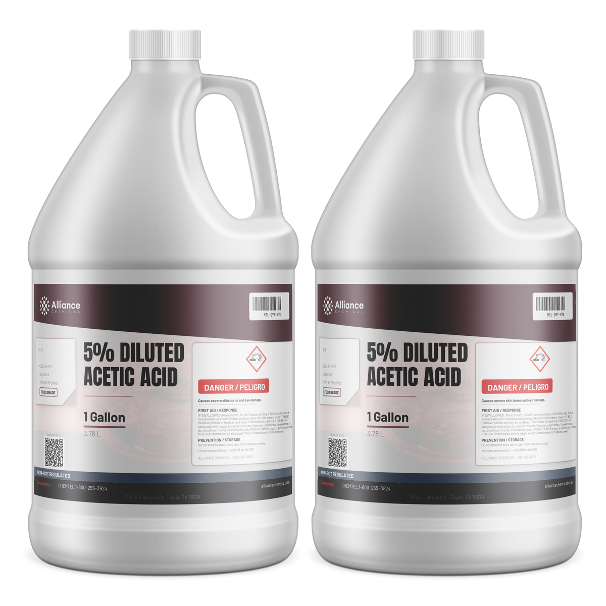5% Diluted Acetic Acid Food Grade in two 1-gallon plastic jugs from Alliance Chemical