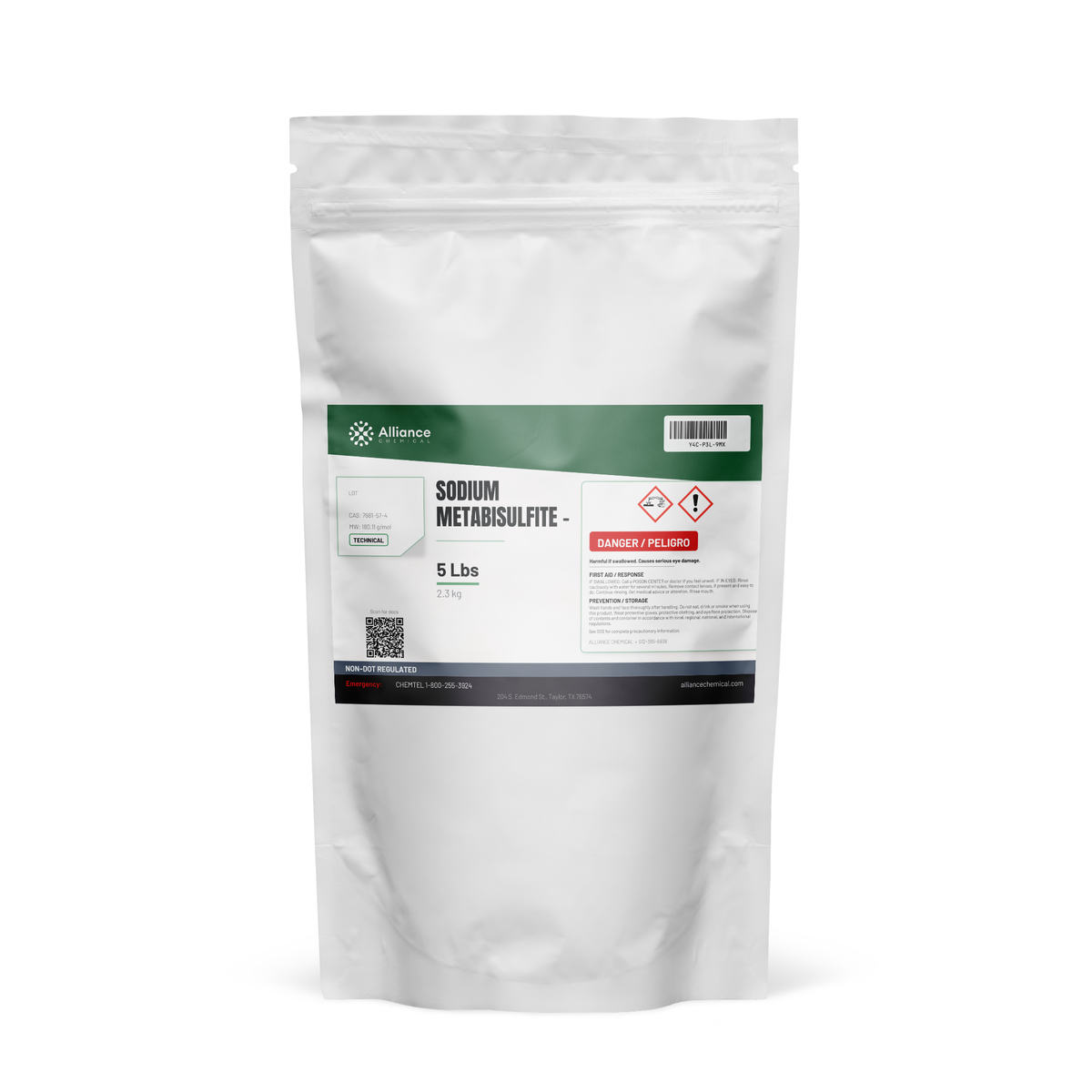 Sodium metabisulfite technical grade in a 5-lb stand-up pouch for water treatment and dechlorination, Alliance Chemical
