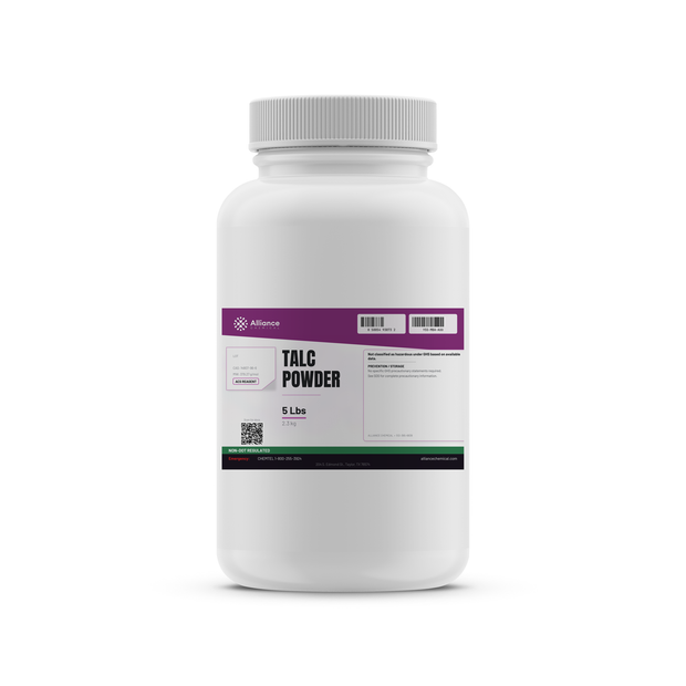 Talc Powder ACS Reagent Grade packaged in a 5-lb white plastic bottle, Alliance Chemical