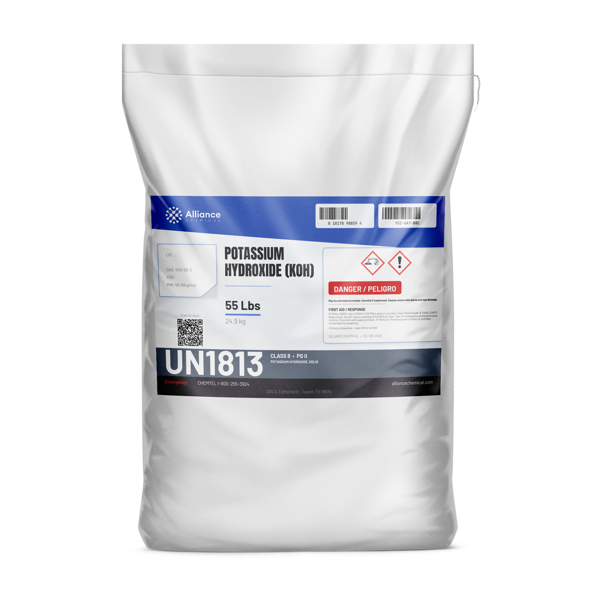 Potassium hydroxide technical grade in a 55-lb bag, Alliance Chemical for chemical manufacturing and industrial degreasing