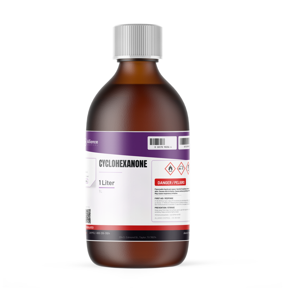Cyclohexanone Technical Grade in a 1-liter amber glass bottle from Alliance Chemical for resin solvent applications
