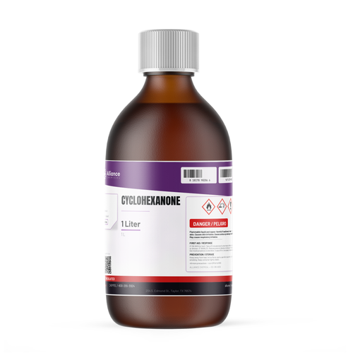 Cyclohexanone Technical Grade in a 1-liter amber glass bottle from Alliance Chemical for resin solvent applications