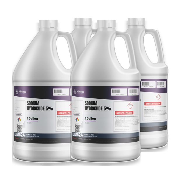 Sodium Hydroxide 5% ACS Reagent Grade in a case of four 1-gallon plastic jugs by Alliance Chemical