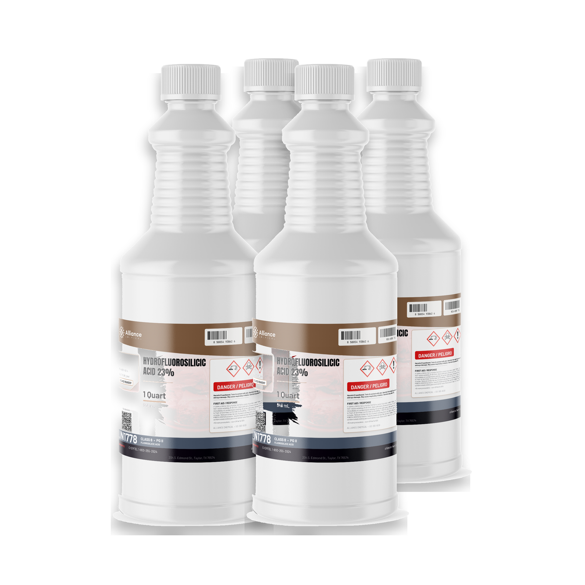 Hydrofluorosilicic Acid 23% ACS Grade four 1-quart plastic bottles for water treatment, Alliance Chemical