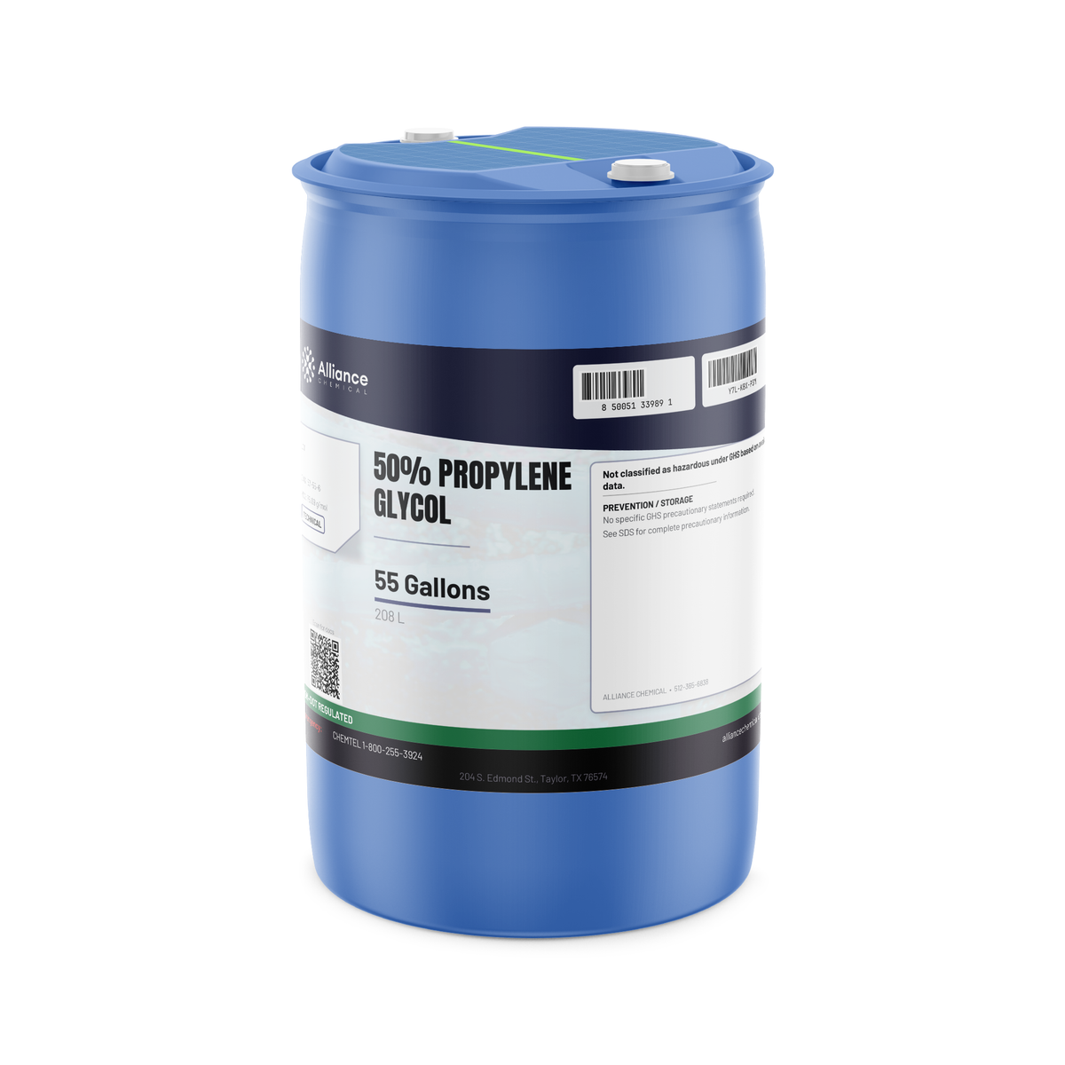 50% Propylene Glycol Technical Grade in a 55-gallon blue polyethylene drum from Alliance Chemical