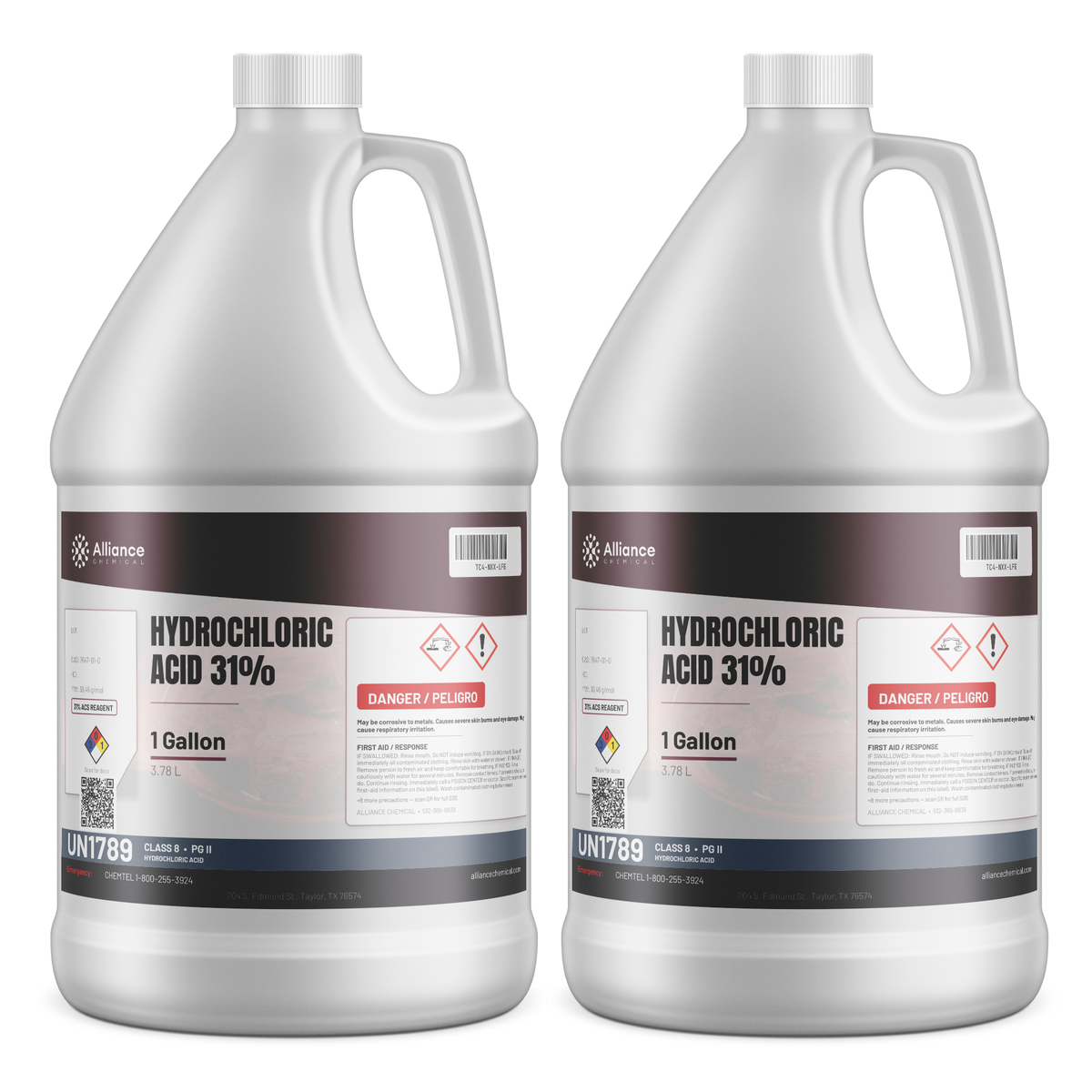 Hydrochloric Acid 31% ACS Reagent Grade in two 1-gallon plastic jugs from Alliance Chemical