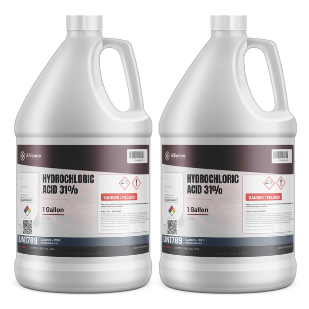 Hydrochloric Acid 31% ACS Reagent Grade in two 1-gallon plastic jugs from Alliance Chemical