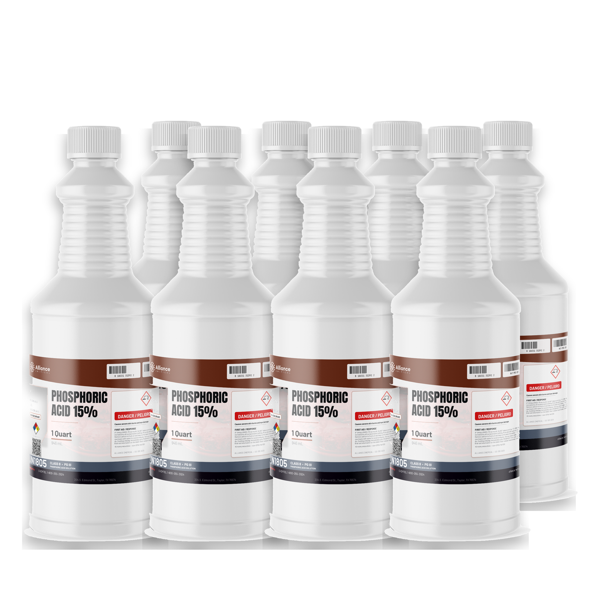 Phosphoric Acid 15% Food Grade in eight 1-quart white plastic bottles, Alliance Chemical