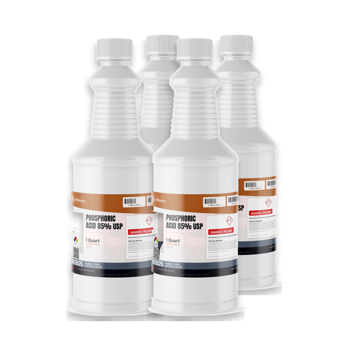 Phosphoric Acid 85% USP Food Grade in four 1-quart plastic bottles from Alliance Chemical