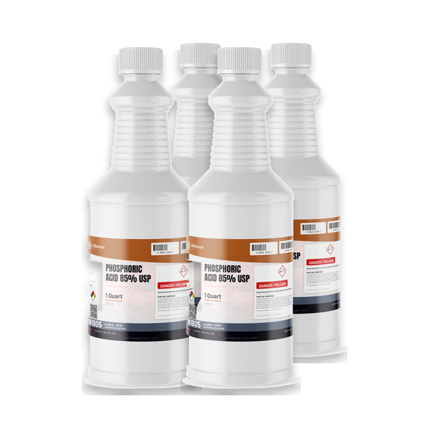 Phosphoric Acid 85% USP Food Grade in four 1-quart plastic bottles from Alliance Chemical