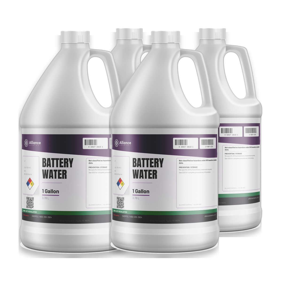 Technical grade deionized battery water, case of four 1-gallon jugs, Alliance Chemical