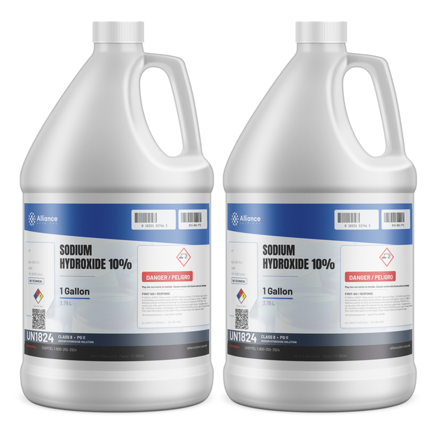 Sodium Hydroxide 10% Technical Grade in two 1-gallon plastic jugs for water treatment, Alliance Chemical