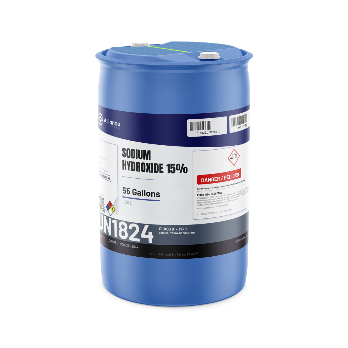 Sodium hydroxide 15% ACS grade solution in a 55-gallon blue plastic drum, Alliance Chemical