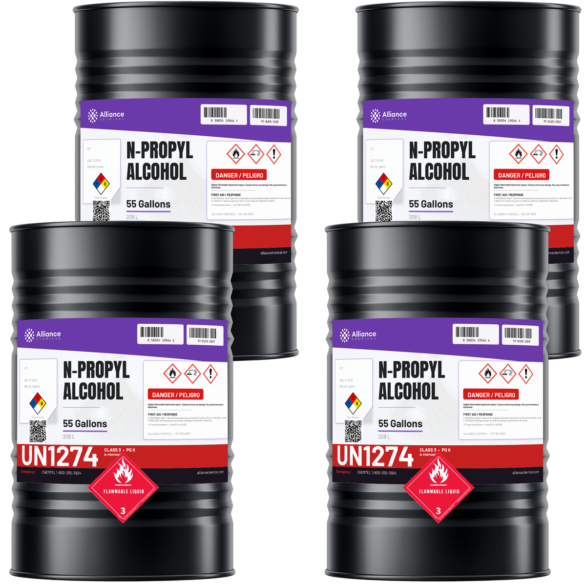 N-Propyl Alcohol 98.8% Technical Grade, four 55-gallon black steel drums, Alliance Chemical