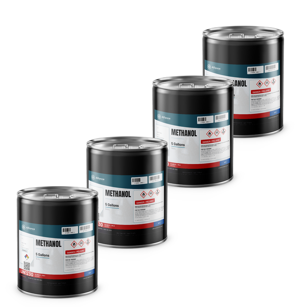 Methanol Technical Grade in four 5-gallon metal pails from Alliance Chemical for chemical synthesis and solvent applications