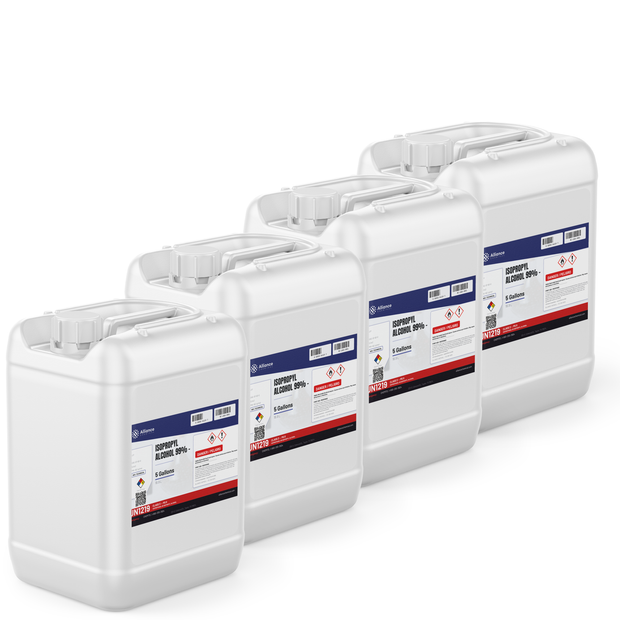 Isopropyl Alcohol 99% Technical Grade in four 5-gallon pails from Alliance Chemical for electronics cleaning and surface prep