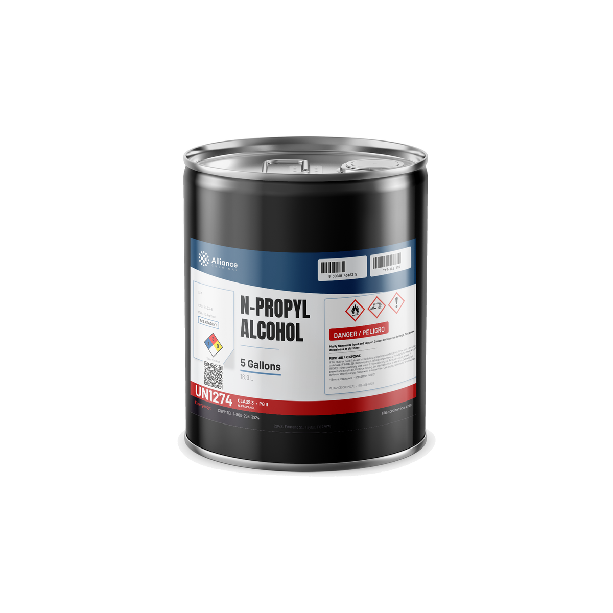N-Propyl Alcohol ACS Grade 5-gallon metal pail, Alliance Chemical for lacquer coating formulations and lab solvent use