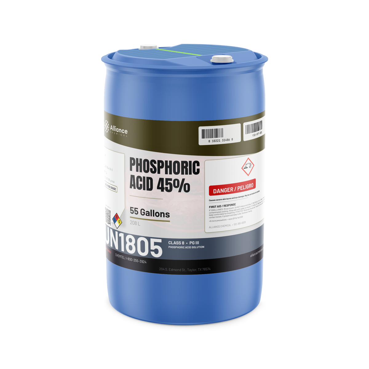 Phosphoric Acid 45% Food Grade in a blue 55-gallon plastic drum from Alliance Chemical