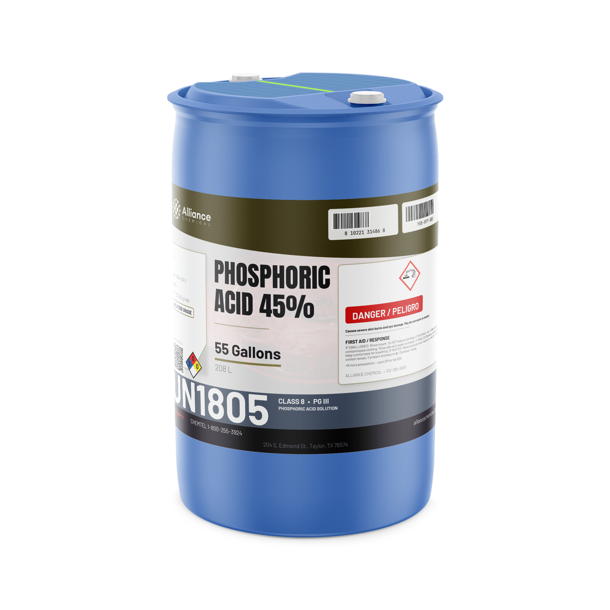 Phosphoric Acid 45% Food Grade in a blue 55-gallon closed-head drum, Alliance Chemical