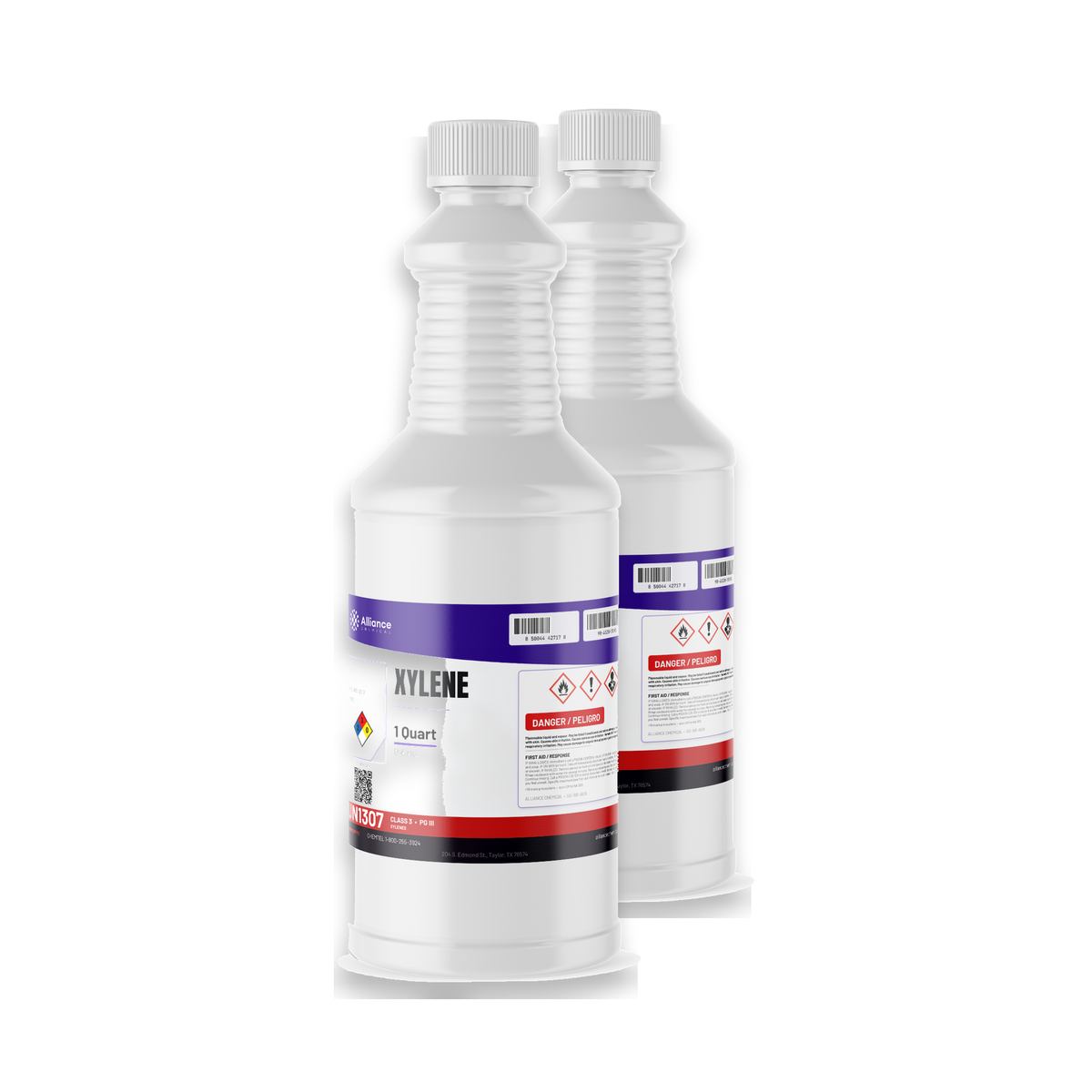 Technical grade Xylene in two 1-quart plastic bottles for paint thinning and coating cleanup, Alliance Chemical