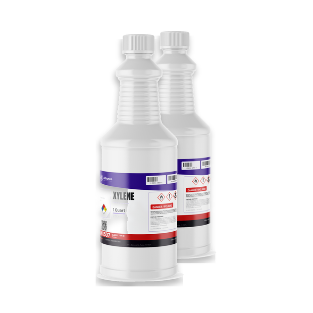 Technical grade Xylene in two 1-quart plastic bottles for paint thinning and coating cleanup, Alliance Chemical