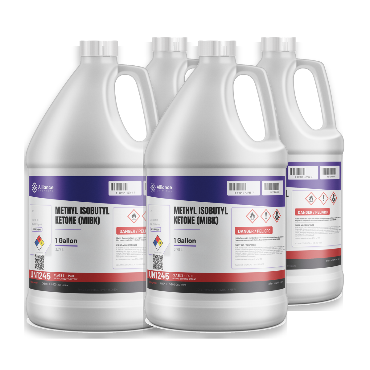Methyl Isobutyl Ketone ACS Reagent Grade in four 1-gallon jugs for laboratory extraction, Alliance Chemical