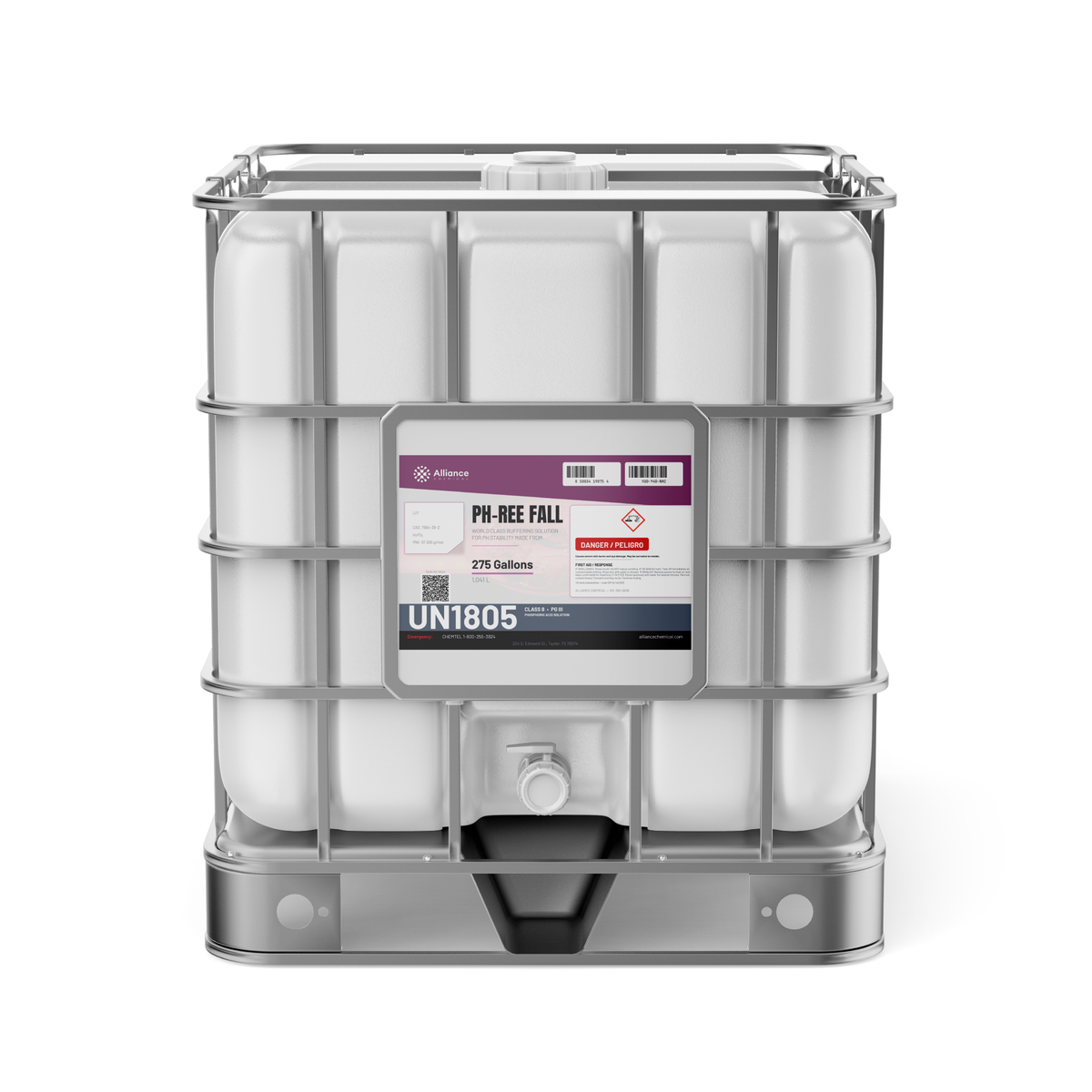 Phosphoric acid 30% technical grade in a 275-gallon IBC tote from Alliance Chemical for industrial wastewater neutralization
