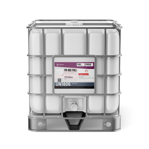 Phosphoric acid 30% technical grade in a 275-gallon IBC tote from Alliance Chemical for industrial wastewater neutralization