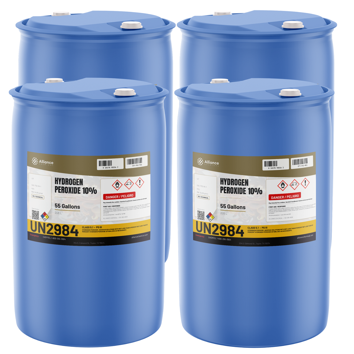 Hydrogen Peroxide 10% Technical Grade in four 55-gallon blue drums from Alliance Chemical for textile bleaching