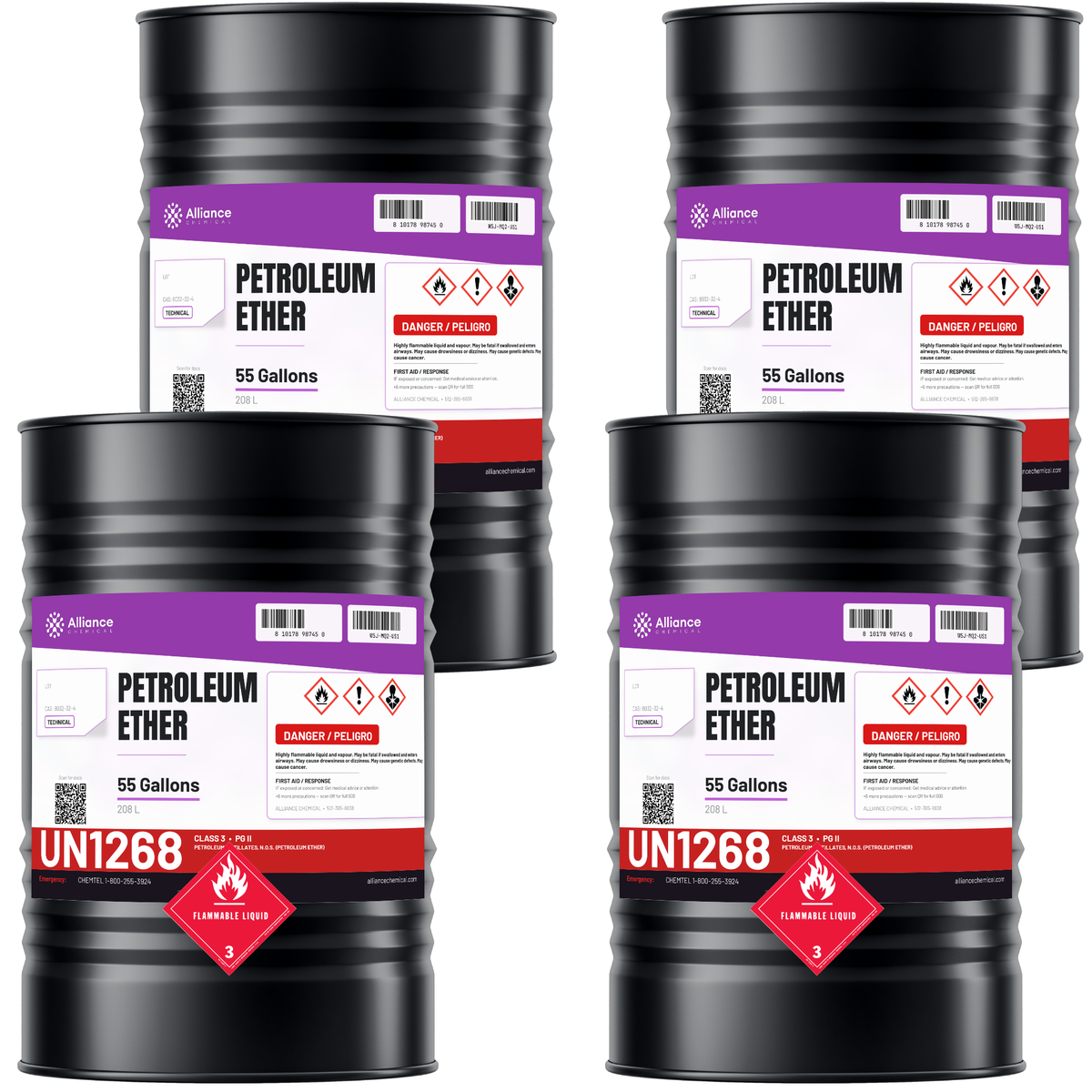 Petroleum Ether Technical Grade in four 55-gallon black steel drums from Alliance Chemical for metal degreasing