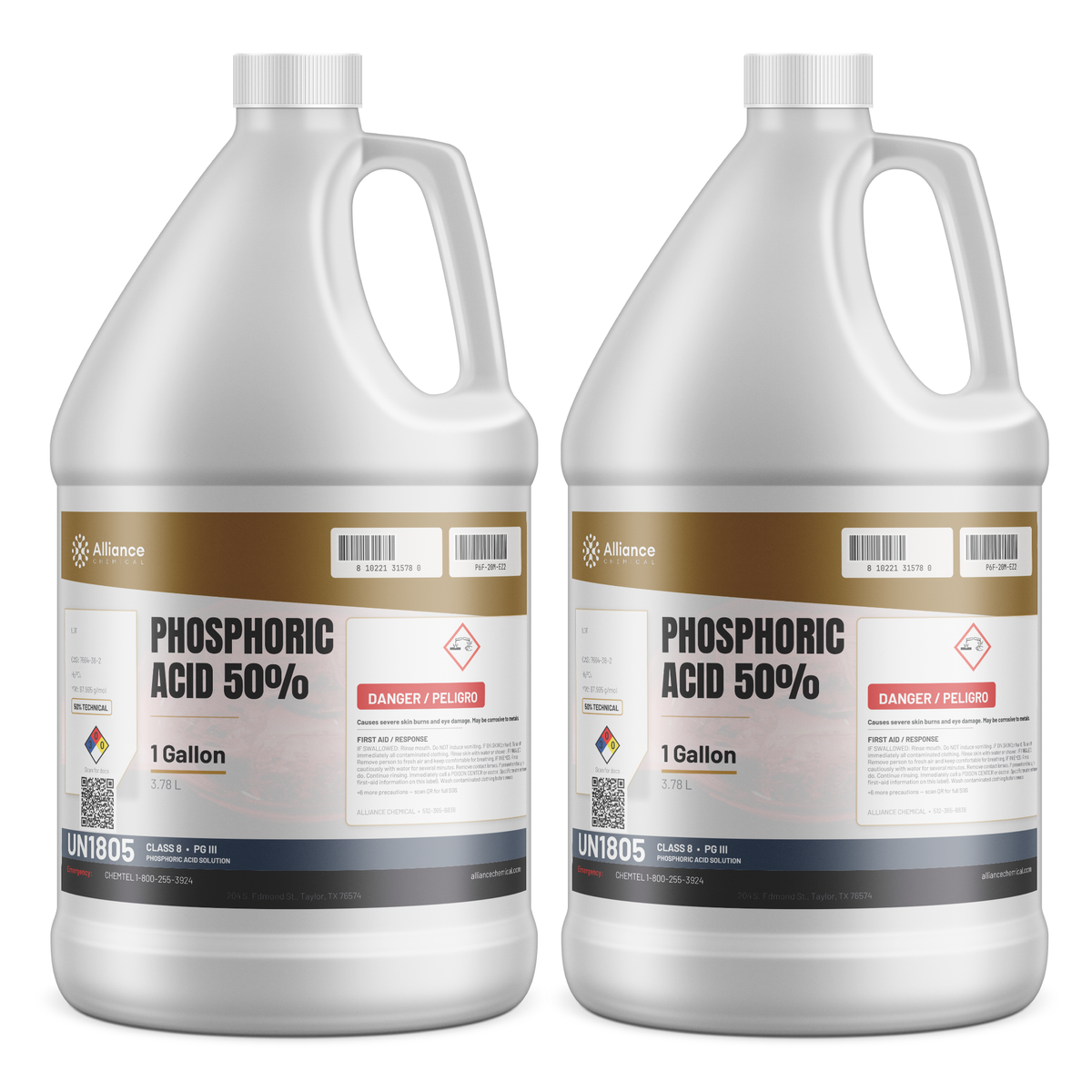 Phosphoric Acid 50% Technical Grade in two 1-gallon plastic jugs, Alliance Chemical