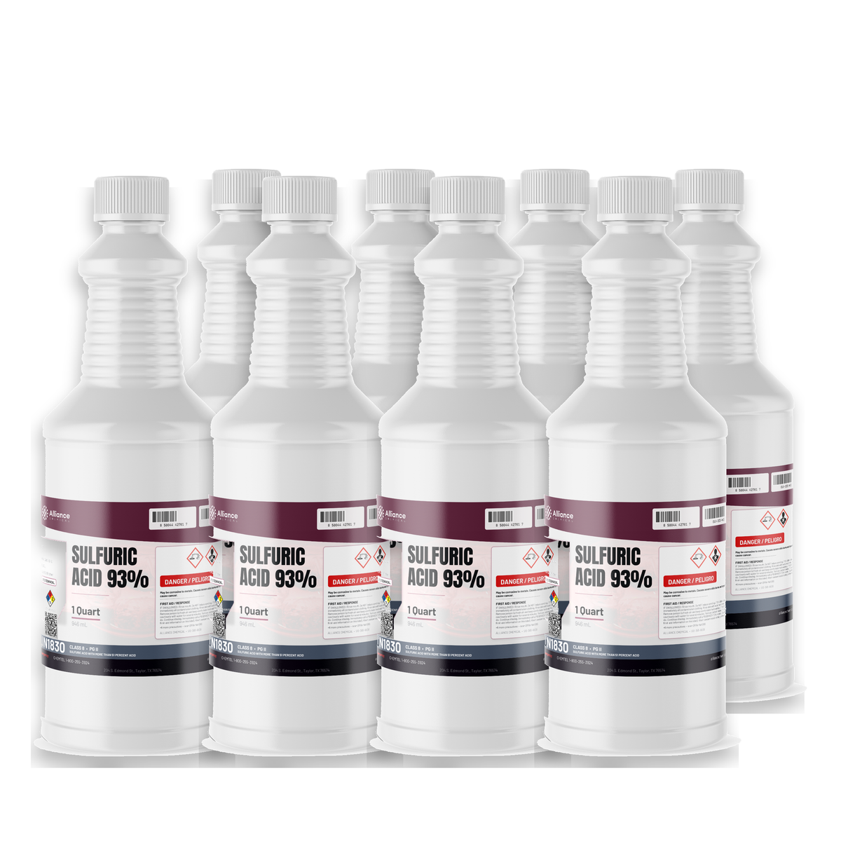 Sulfuric Acid 93% Technical Grade in eight 1-quart plastic bottles from Alliance Chemical