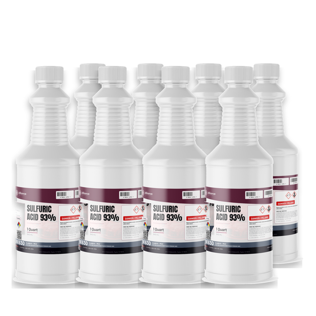 Sulfuric Acid 93% Technical Grade in eight 1-quart plastic bottles from Alliance Chemical