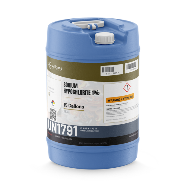 Sodium Hypochlorite 1% Technical Grade in a 15-gallon blue plastic carboy from Alliance Chemical