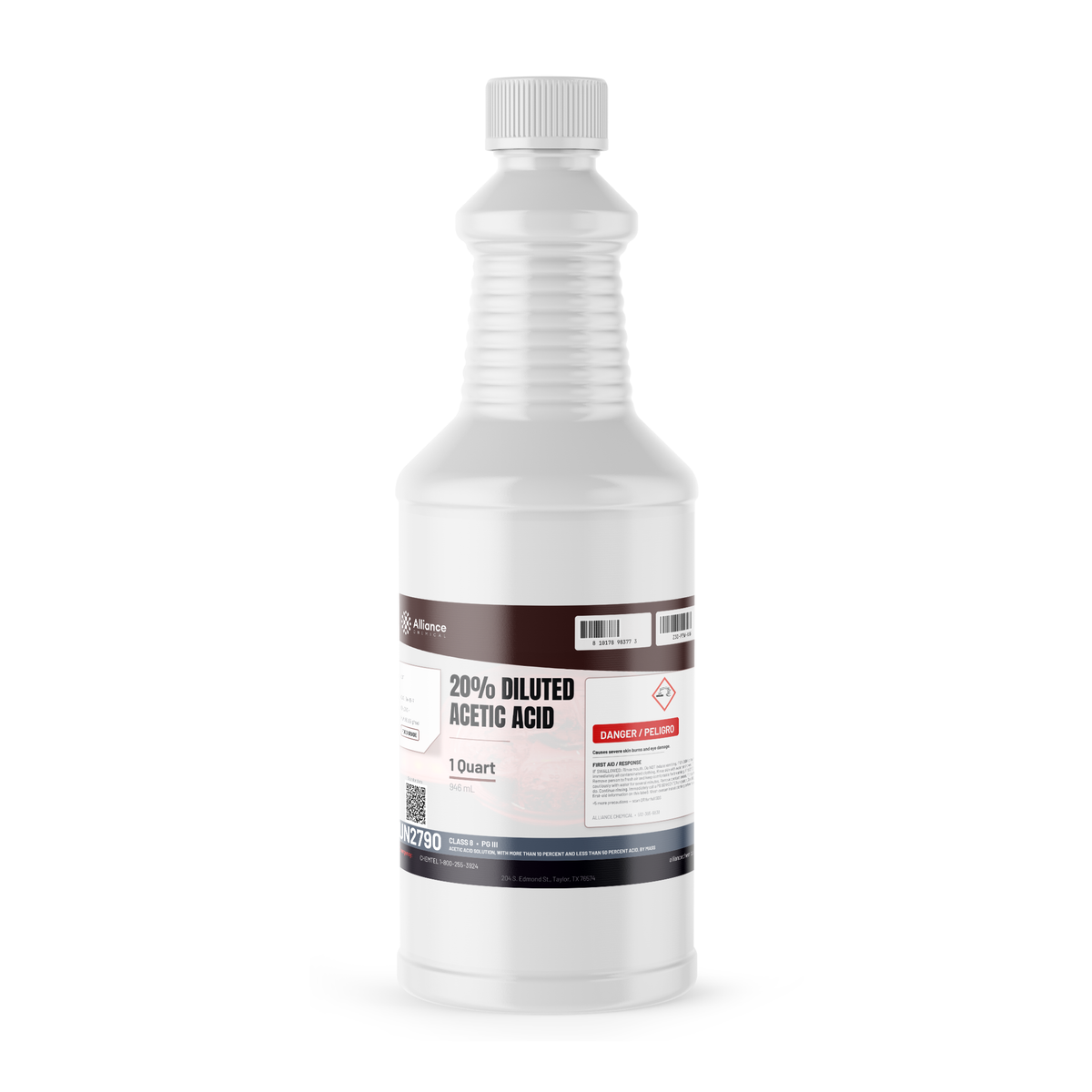 20% diluted acetic acid food grade in a 1-quart plastic bottle for pH control and acid cleaning, Alliance Chemical
