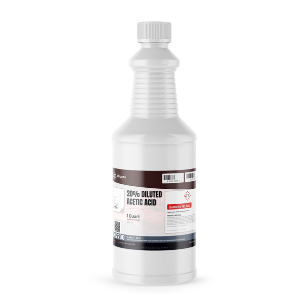 20% diluted acetic acid food grade in a 1-quart plastic bottle for pH control and acid cleaning, Alliance Chemical