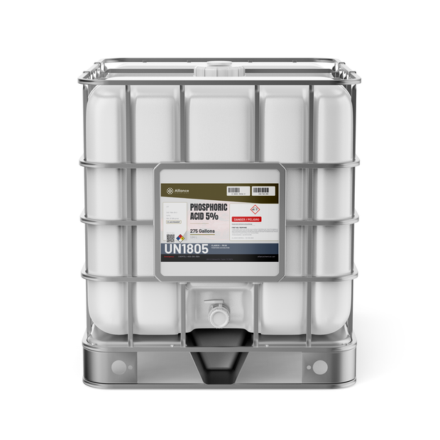 Phosphoric Acid 5% ACS Grade in a 275-gallon white IBC tote with steel cage, Alliance Chemical