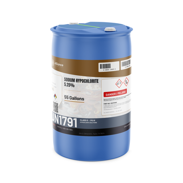 Sodium Hypochlorite 5.25% Water Treatment Grade in a blue 55-gallon drum, Alliance Chemical